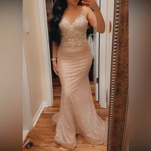 Sheer top evening dress with sparkly pink bottom